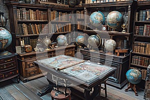 Old-world map room with globes and antique navigation tools