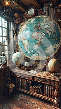 Old-world map room with globes and antique navigation tools3D render