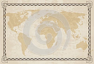 Old world map. Vector paper texture with border frame. Vintage vautical compass. Retro design banner. Decorative antique