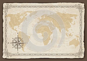 Old world map. Vector paper texture with border frame. Wind rose. Vintage vautical compass. Retro design banner