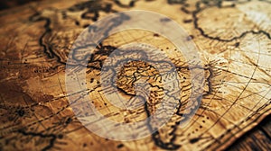 Old world map on vintage wooden table, worn rare paper, background for journey theme. Concept of antique, America, history,