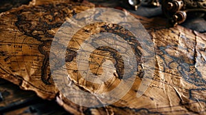 Old World map on vintage wooden table, worn torn paper and instruments. Background for journey theme. Concept of antique, history