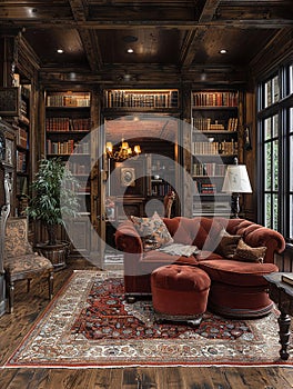 Old-world study with rich wood paneling and a hidden bookcase door