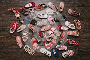 Old worn baby (child, kid) shoes on the floor.top view. flat lay