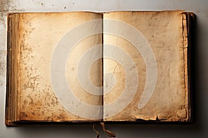 Old, worn book opens to blank pages against a white canvas