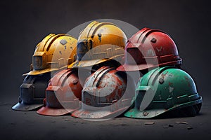 Old and worn colorful construction helmets. Generative AI