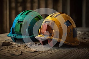 Old and worn colorful construction helmets. Generative AI