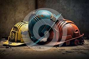 Old and worn colorful construction helmets. Generative AI