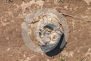 Old worn deflated football ball abandoned in the dirt