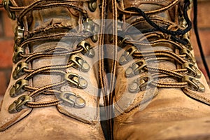 Old worn lace up work boots