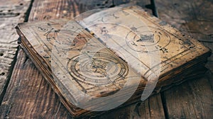 An old worn leather journal sits open on a weathered wooden table adorned with sketches of tarot spreads and cryptic photo