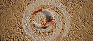 Old worn lifebuoy lying in rippled sand of beach.