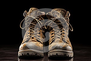 Old worn military boots on a black background. Generated by artificial intelligence