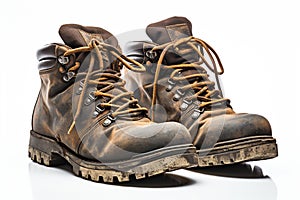 Old worn military boots on a white background. Generated by artificial intelligence