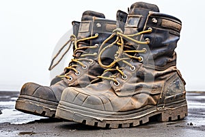 Old worn military boots on a white background. Generated by artificial intelligence