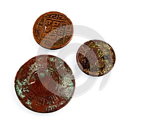 Old worn Nepalese coins.