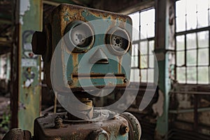 An old, worn-out machine with a rust-covered exterior resembling a face, showcasing the effects of time and neglect, An old, rusty