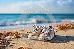 Old worn sneakers on the beach by the blue sea. Summer vacation concept by the sea. Lifestyle travel. Generative AI