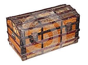 Old worn trunk made by waxed canvas and wood with metal protection, isolated with clipping path