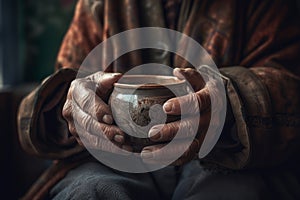 Old wrinkly hands with cup. Generate Ai