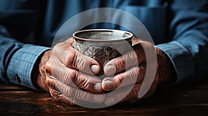 Old wrinkly hands with cup. Generative AI.