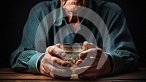 Old wrinkly hands with cup. Generative AI.