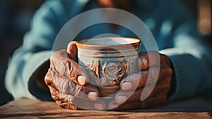 Old wrinkly hands with cup. Generative AI.