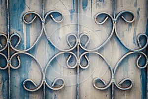 Old wrought iron bars on the gate with grunge and rusty steel b