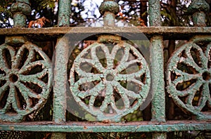 Old wrought iron fence. Vintage look. Detail of an ornament