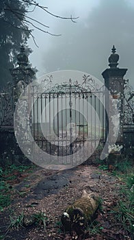 Old wrought iron gate in foggy forest