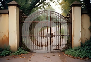 Old wrought iron gate open to a path in the woods