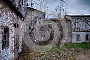 Old yard overgrown with trees and bushes with houses in the style of medieval Europe. Retro buildings in an ancient European city