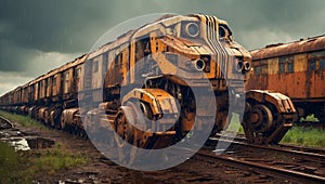 An old yellow armored train traveling on a railway in the rain.