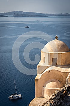 Old yellow orthodox greek church in Santorini