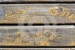 Old yellow painted boards. Wooden peeling wall. Textured Background.