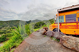 Old yellow school bus. Road to Hana, Maui, Hawaii