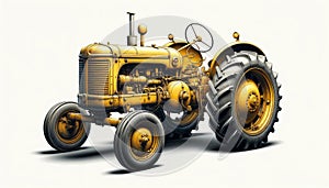An old yellow tractor is shown on a white background