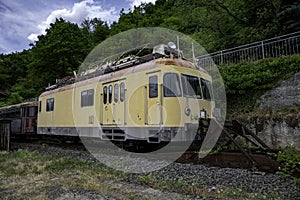 old yellow train in station Linz am rijn in germany