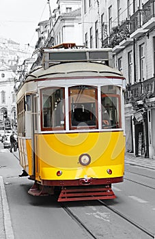 Old yellow tram in Lisbon