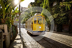 Old yellow tram in Santa Teresa district in Rio de Janeiro, Brazil photo