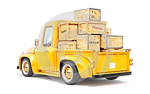 Old yellow truck for delivery isolated on a white background.