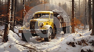Hyperrealistic Painting Of An Old Yellow Truck In A Snowy Forest