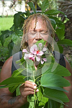 Olde aged Pacific Islander man smells a flower on eco tourism to