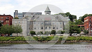 Olde Federal Building, landmark edifice, waterfront view across the Kennebec River, Augusta, ME