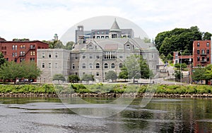 Olde Federal Building, landmark edifice, waterfront view across the Kennebec River, Augusta, ME, USA