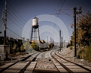 Olde town arvada water tower and train tracks