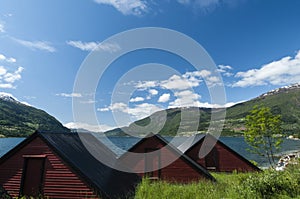 Olden fjord with huts