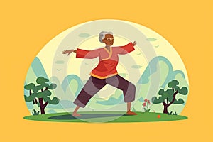 Older afro woman doing Tai Chi. AI Generated