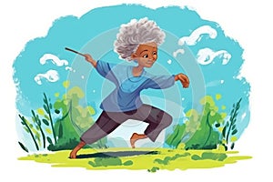 Older afro woman doing Tai Chi. AI Generated