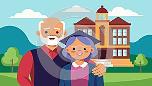 An older couple poses for a photo in front of a campus landmark after completing a semester of classes together grinning photo